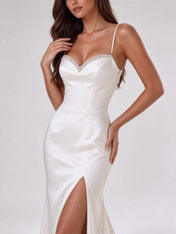 Crystal-Trimmed Satin Mermaid Bridal Gown Wedding Dress with High Leg Slit