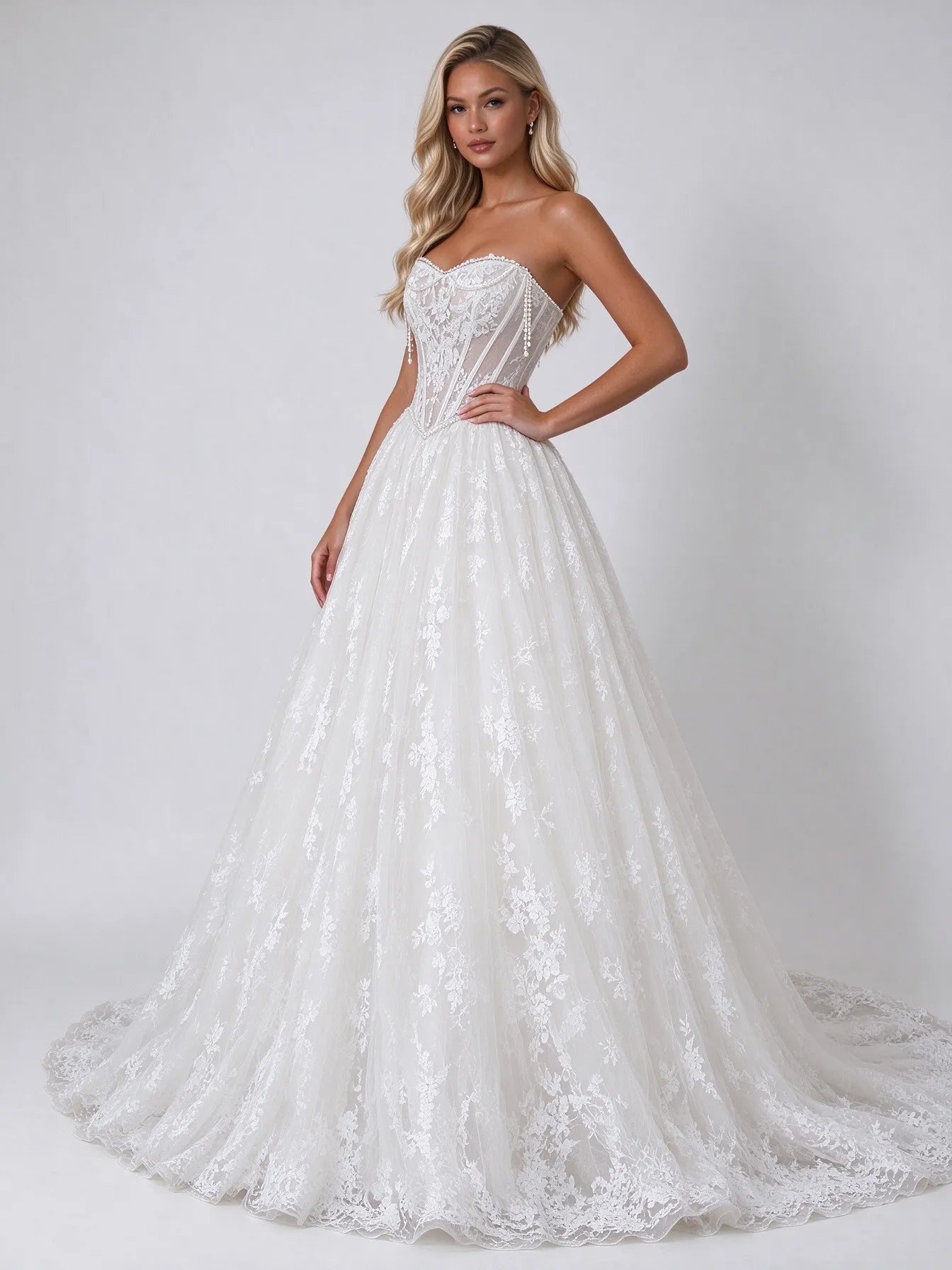 Strapless Lace Sheer-Corset A-Line Bridal Wedding Dress with Cathedral Train