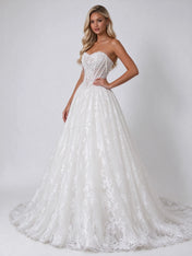 Strapless Lace Sheer-Corset A-Line Bridal Wedding Dress with Cathedral Train