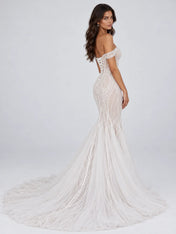 Off-the-Shoulder Illusion Branch-Embroidered Mermaid Wedding Dress with Lace-Up Back