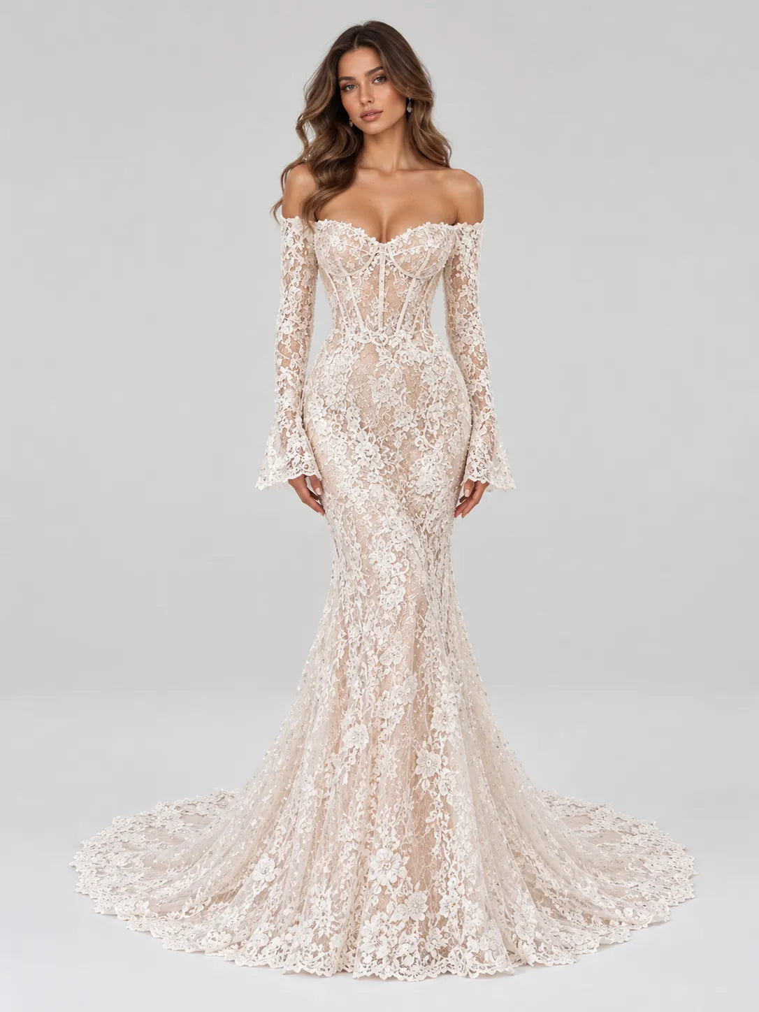Off-the-Shoulder Long-Sleeve Lace Mermaid Wedding Dress