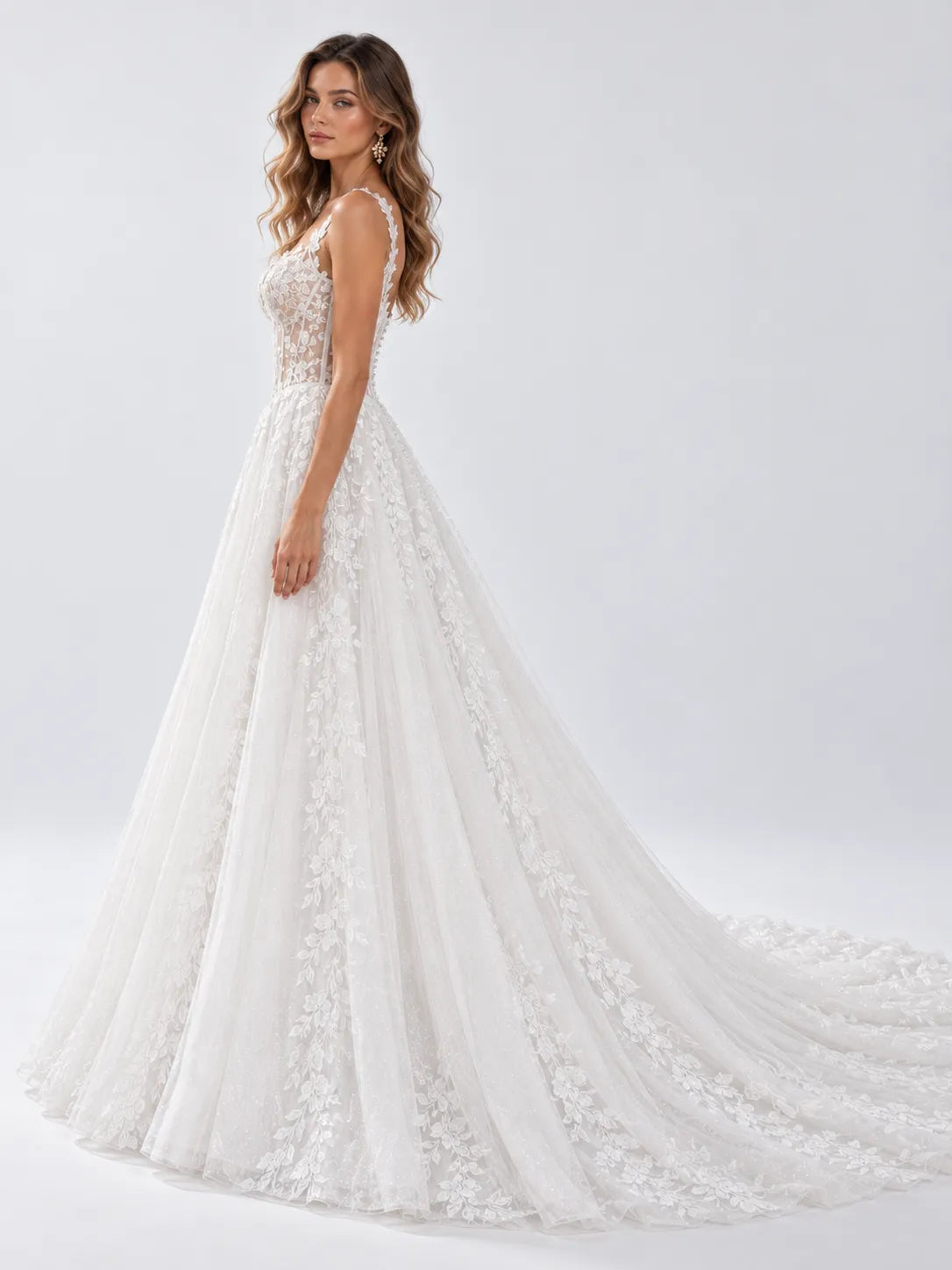 Sleeveless Floral Lace A-Line Wedding Dress with Illusion Corset Bodice and Cathedral Train