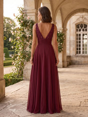 V-Neck Beaded Bodice Chiffon A-Line Prom Dress with Pleated Waist