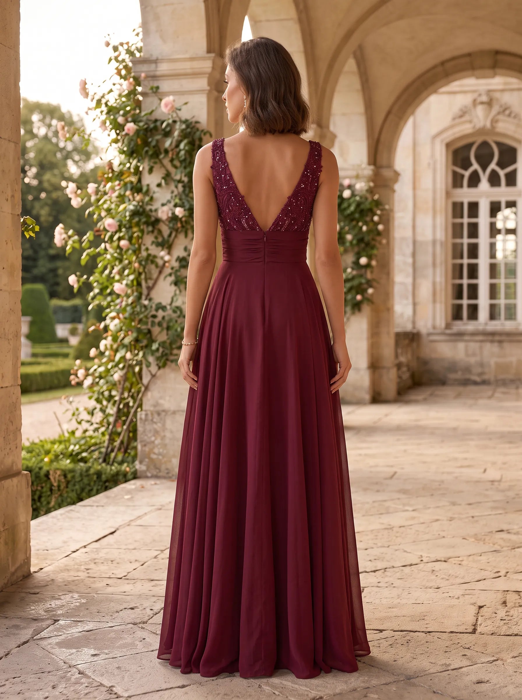 V-Neck Beaded Bodice Chiffon A-Line Prom Dress with Pleated Waist