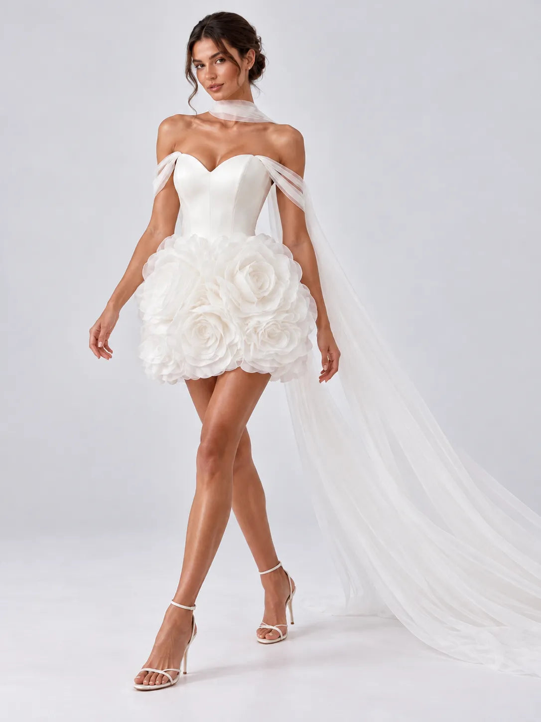 Strapless Sweetheart 3D Rosette Mini Wedding Dress with Detachable Sheer Scarf Train