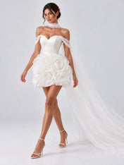 Strapless Sweetheart 3D Rosette Mini Wedding Dress with Detachable Sheer Scarf Train