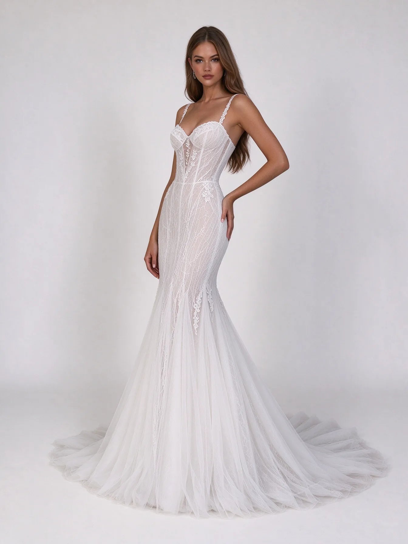 Sweetheart Straps Sheer Corset Lace Mermaid Wedding Dress with Sweep Train