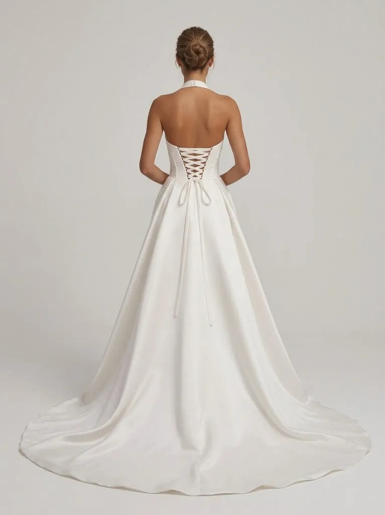 Halter Deep V Satin Wedding Dress With High Slit