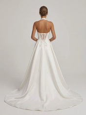 Halter Deep V Satin Wedding Dress With High Slit