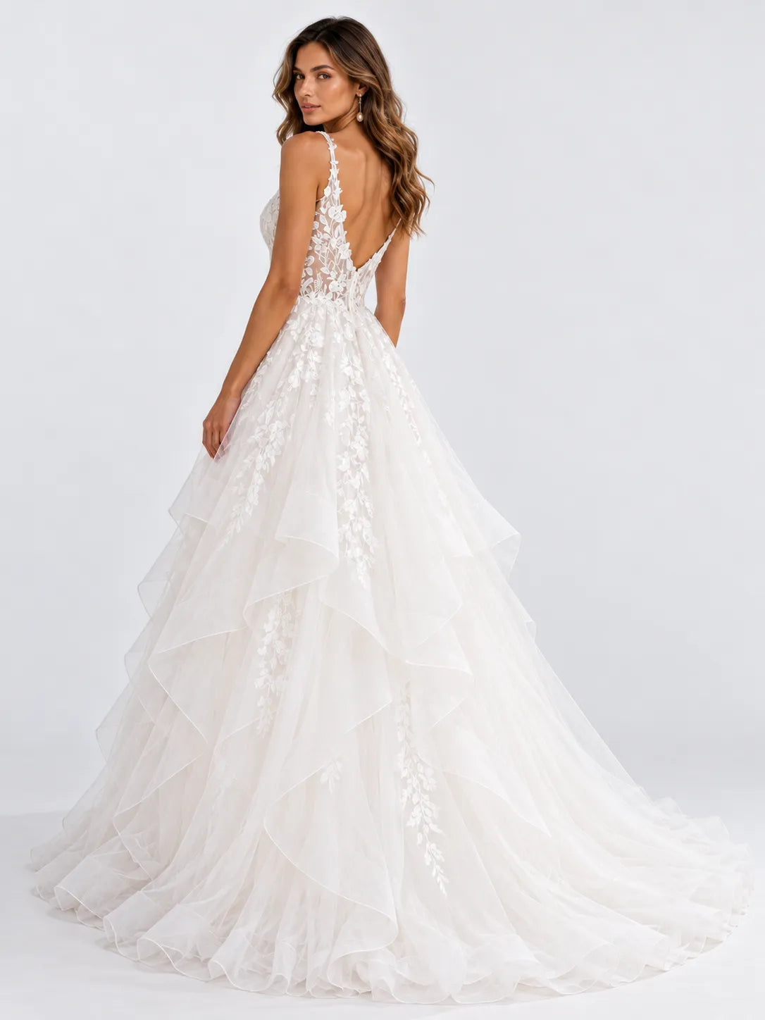 Sleeveless Tiered Organza A-Line Wedding Dress with Illusion Corset Bodice and Cathedral Train