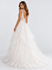 Sleeveless Tiered Organza A-Line Wedding Dress with Illusion Corset Bodice and Cathedral Train