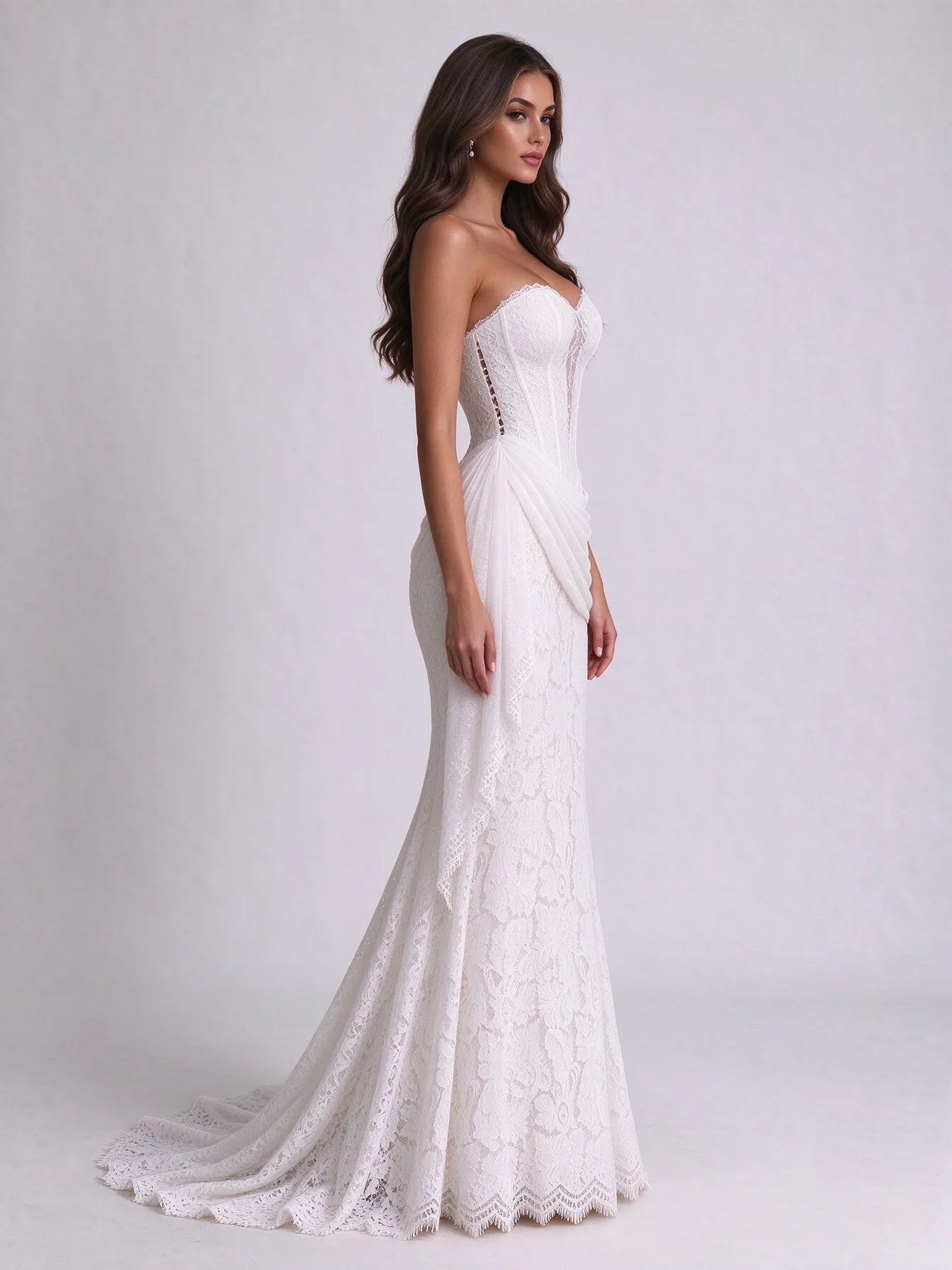 Strapless Sweetheart Lace Corset Mermaid Wedding Dress with Draped Hip Sash and Lace-Up Back