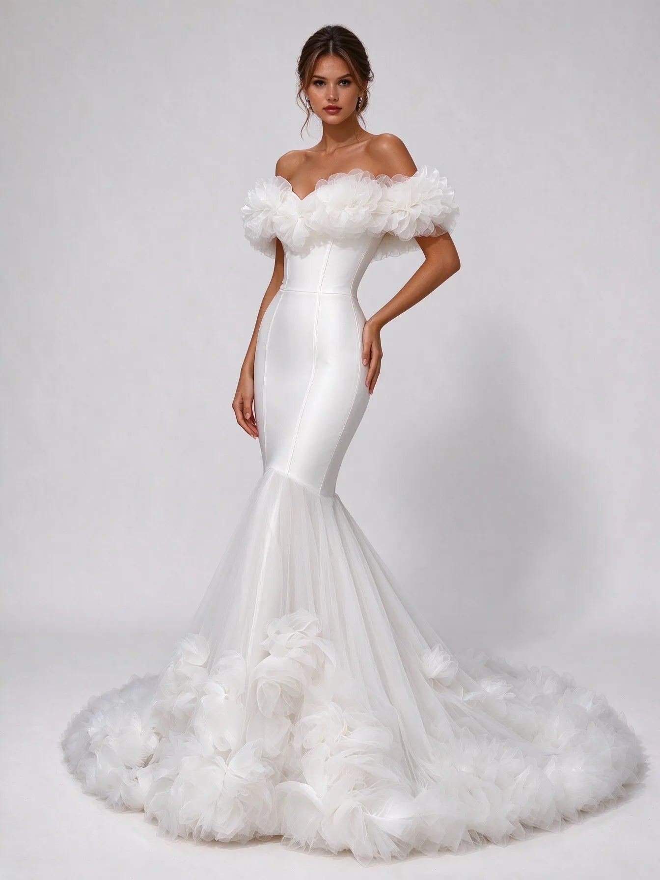 Off-the-Neck Ruffled-Trim Crepe Mermaid Wedding Dress with Cathedral Train