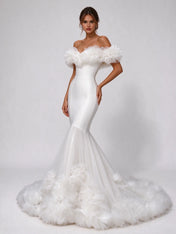 Off-the-Neck Ruffled-Trim Crepe Mermaid Wedding Dress with Cathedral Train