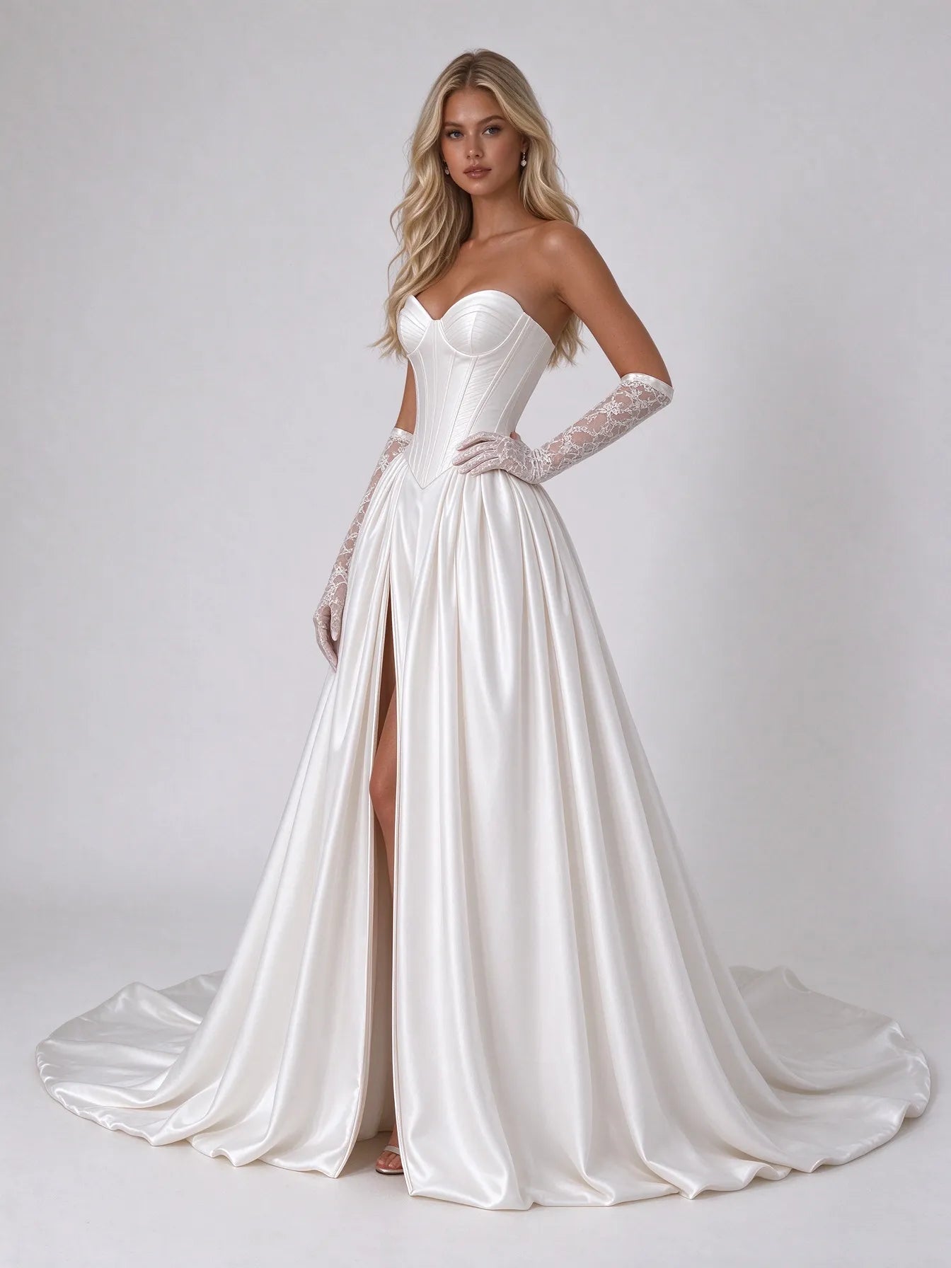 Strapless Corset Satin Ball Gown Wedding Dress with High Slit and Lace Gloves