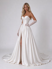 Strapless Corset Satin Ball Gown Wedding Dress with High Slit and Lace Gloves