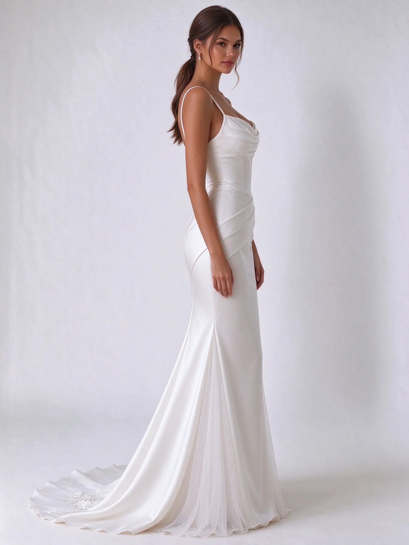 Cowl-Neck Draped Satin Mermaid Bridal Wedding Dress with Geometric Back