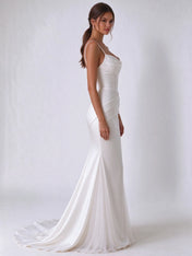 Cowl-Neck Draped Satin Mermaid Bridal Wedding Dress with Geometric Back