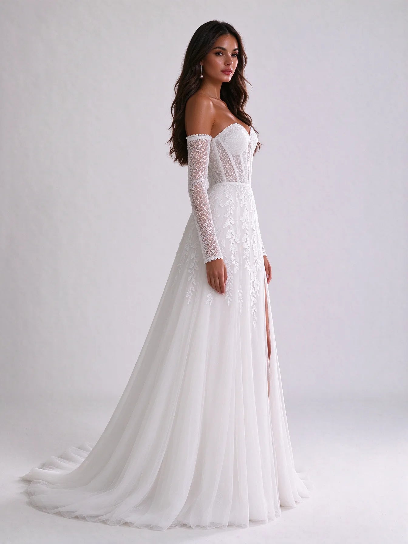 Off-the-Shoulder Sweetheart Lace Corset Tulle A-Line Wedding Dress with High Slit and Detachable Sleeves