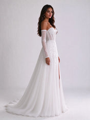 Off-the-Shoulder Sweetheart Lace Corset Tulle A-Line Wedding Dress with High Slit and Detachable Sleeves