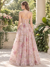 Floral Embroidery Sequined Tulle A-Line Prom Dress with Corset Bodice and Crisscross Back