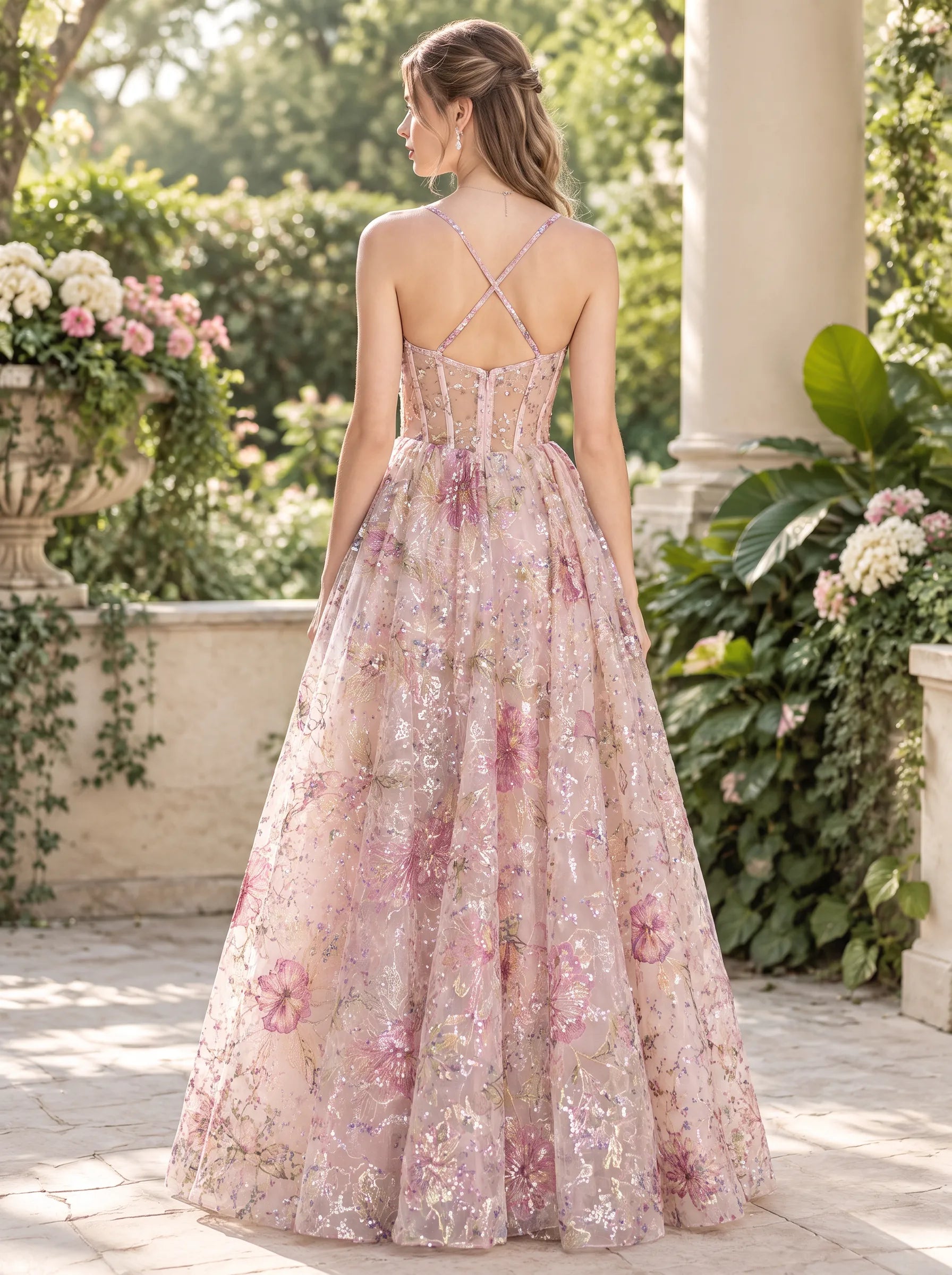 Floral Embroidery Sequined Tulle A-Line Prom Dress with Corset Bodice and Crisscross Back