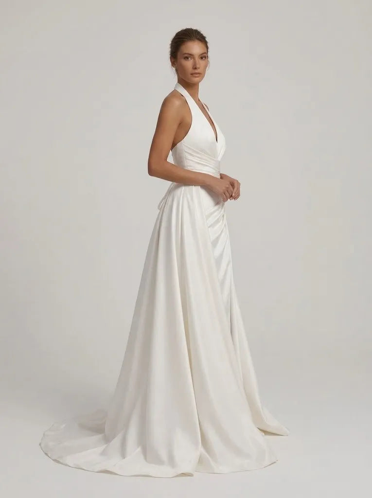 Halter Deep V Satin Wedding Dress With High Slit