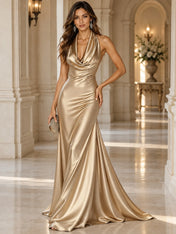 Elegant and Luxurious Cowl-neck Champagne Gold Satin Maxi Dress