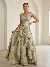 Cap-Sleeve Jacquard Asymmetric Ruffle Long Mother Of The Bride Dresses