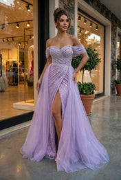 Blue Sequin Off-the-Shoulder Prom Dresses with Overskirt