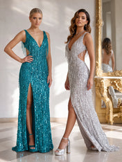 Plunging V-Neck Beaded Fringe Backless Column Prom Dress with High Slit