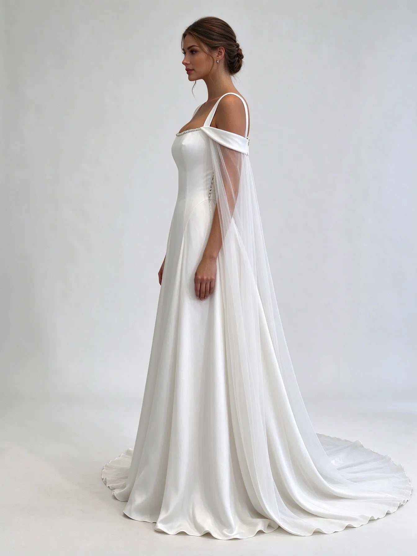 Wide Strap Cold Shoulder Satin A-Line Wedding Dress