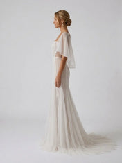 Flutter-Sleeve Asymmetrical Strappy Beaded Mermaid Bridal Wedding Dress