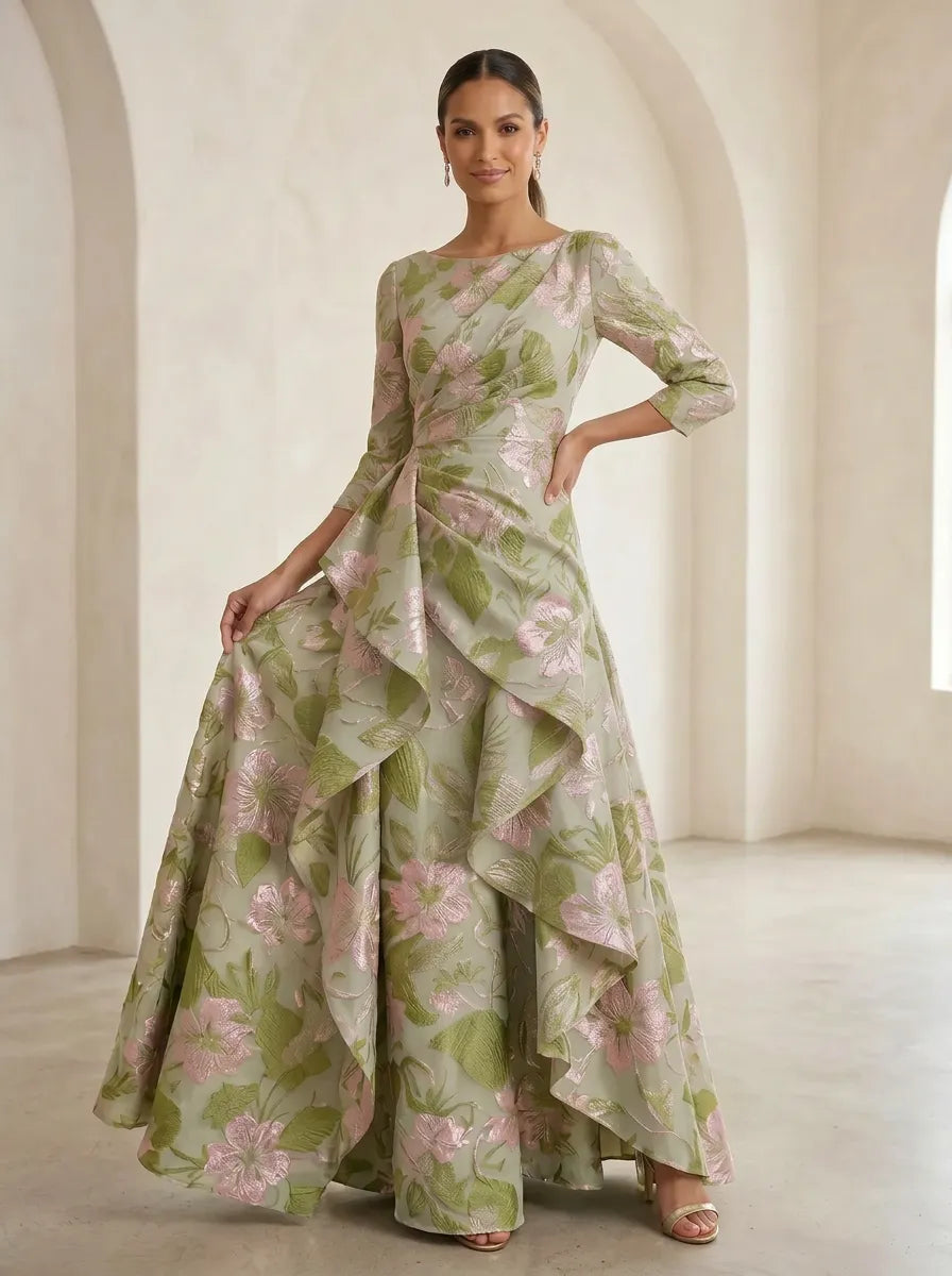 Elegant Boat-Neck Jacquard Asymmetric Ruffle Long Mother Of The Bride Dresses