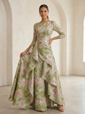 Elegant Boat-Neck Jacquard Asymmetric Ruffle Long Mother Of The Bride Dresses