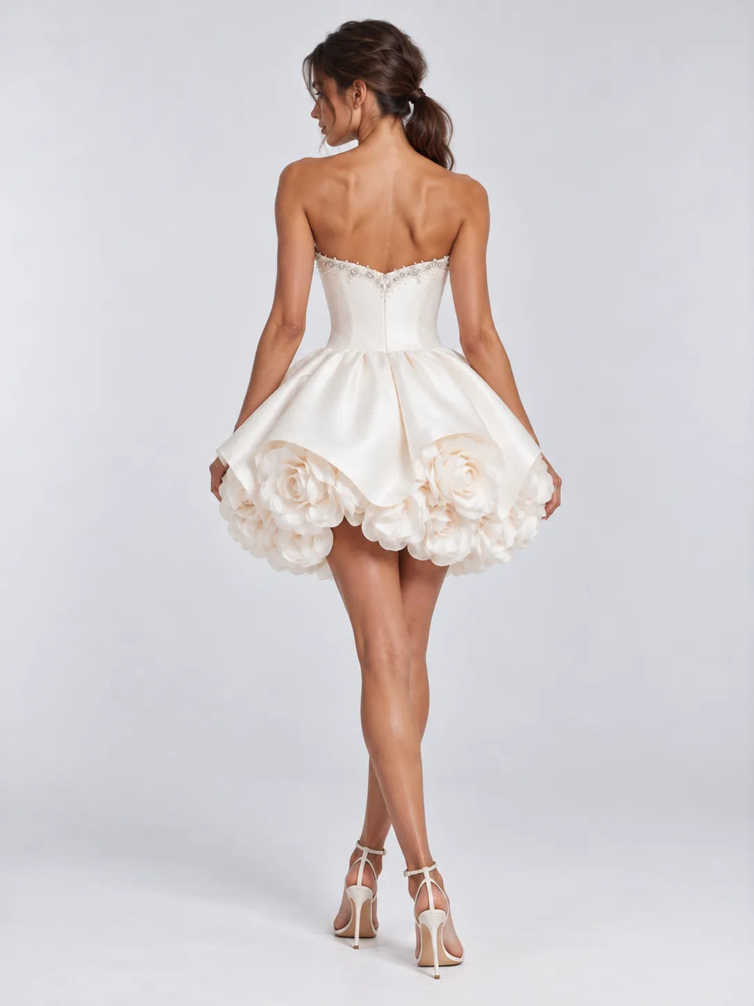 Strapless Beaded 3D Rose Mini Cocktail Wedding Dress