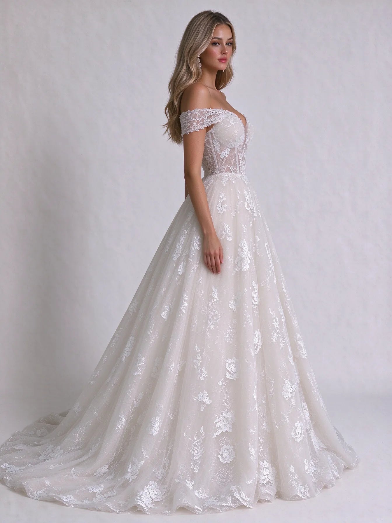 Off-the-Shoulder Sweetheart Lace Corset Tulle A-Line Wedding Dress with Lace-Up Back