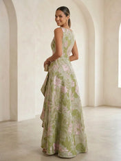 Boat-Neck Jacquard Asymmetric Ruffle Long Mother of The Bride Dresses