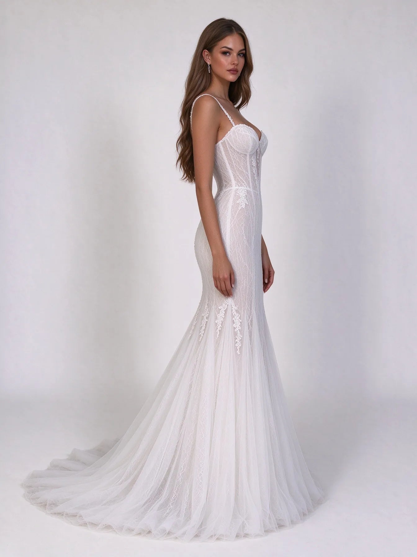Sweetheart Straps Sheer Corset Lace Mermaid Wedding Dress with Sweep Train