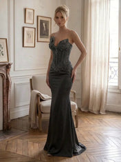 Strapless Beaded Floral-Accented Column Prom Dress
