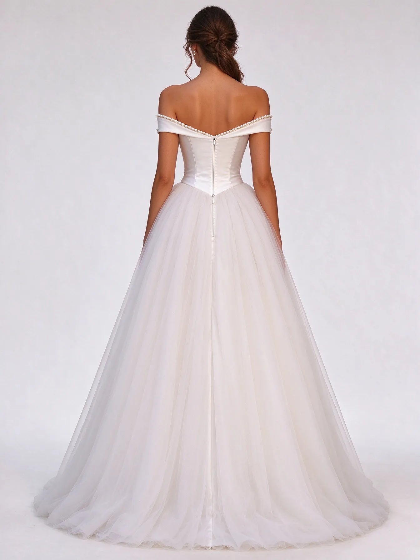 Off-the-Shoulder Pearl Trim Satin & Tulle A-Line Wedding Dress