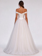 Off-the-Shoulder Pearl Trim Satin & Tulle A-Line Wedding Dress