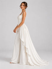 Tailored Wide-Leg Satin Wedding Dress Bridal Jumpsuit with Draped Overskirt and Sweep Train