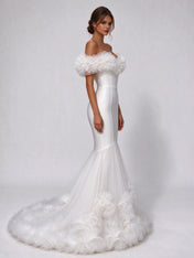 Off-the-Neck Ruffled-Trim Crepe Mermaid Wedding Dress with Cathedral Train