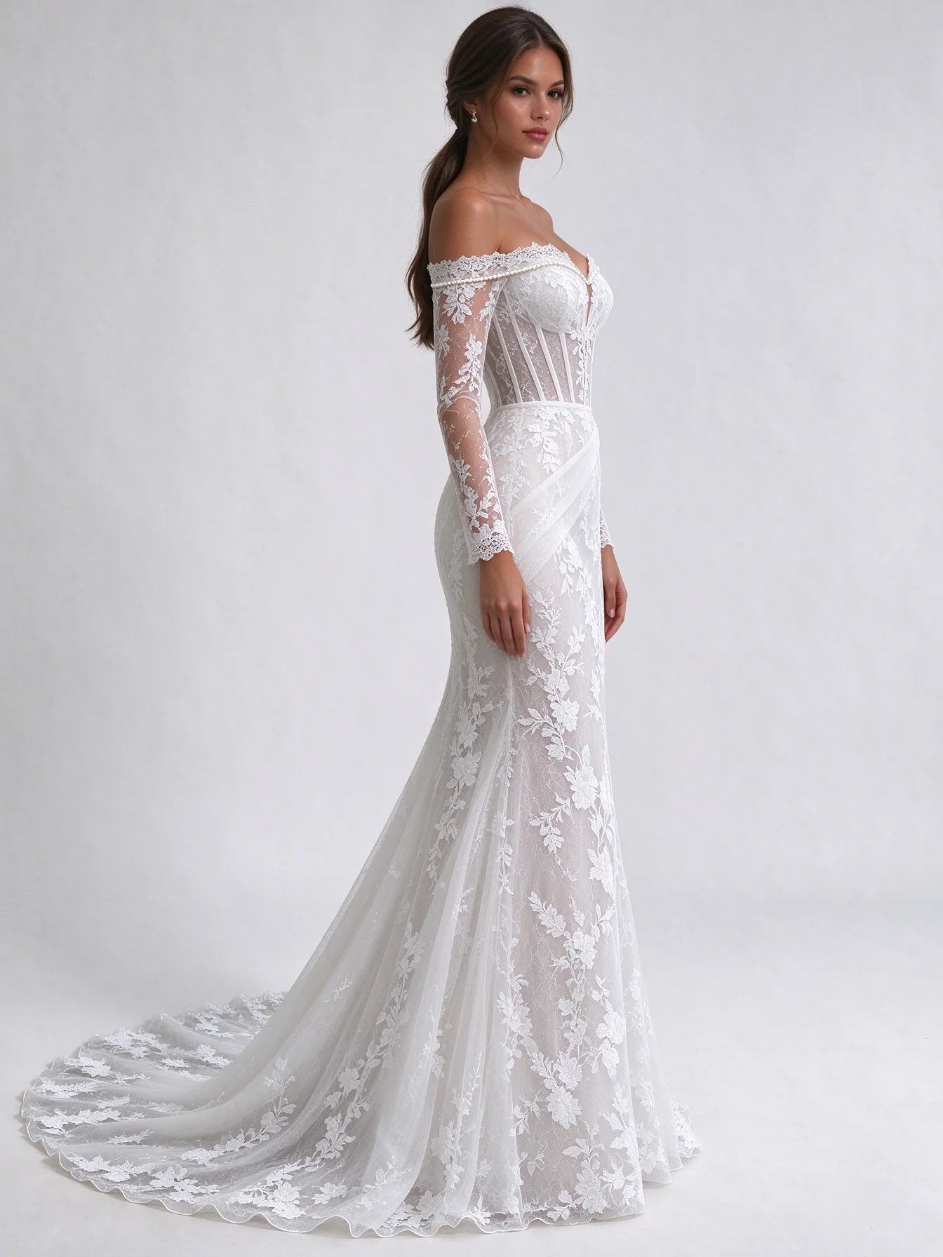Off-the-Shoulder Long Sleeve Lace Corset Mermaid Bridal Gown