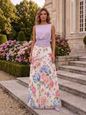 Boat-Neck Ruched Waist Floral Print Tulle A-Line Evening Dress