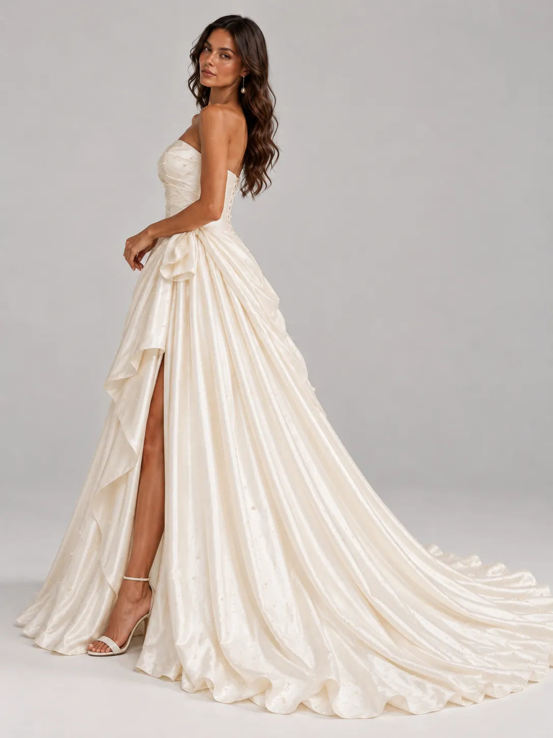 Strapless Draped Pearl-Embellished Satin Wedding Dress Ball Gown with High Front Slit and Corset Back