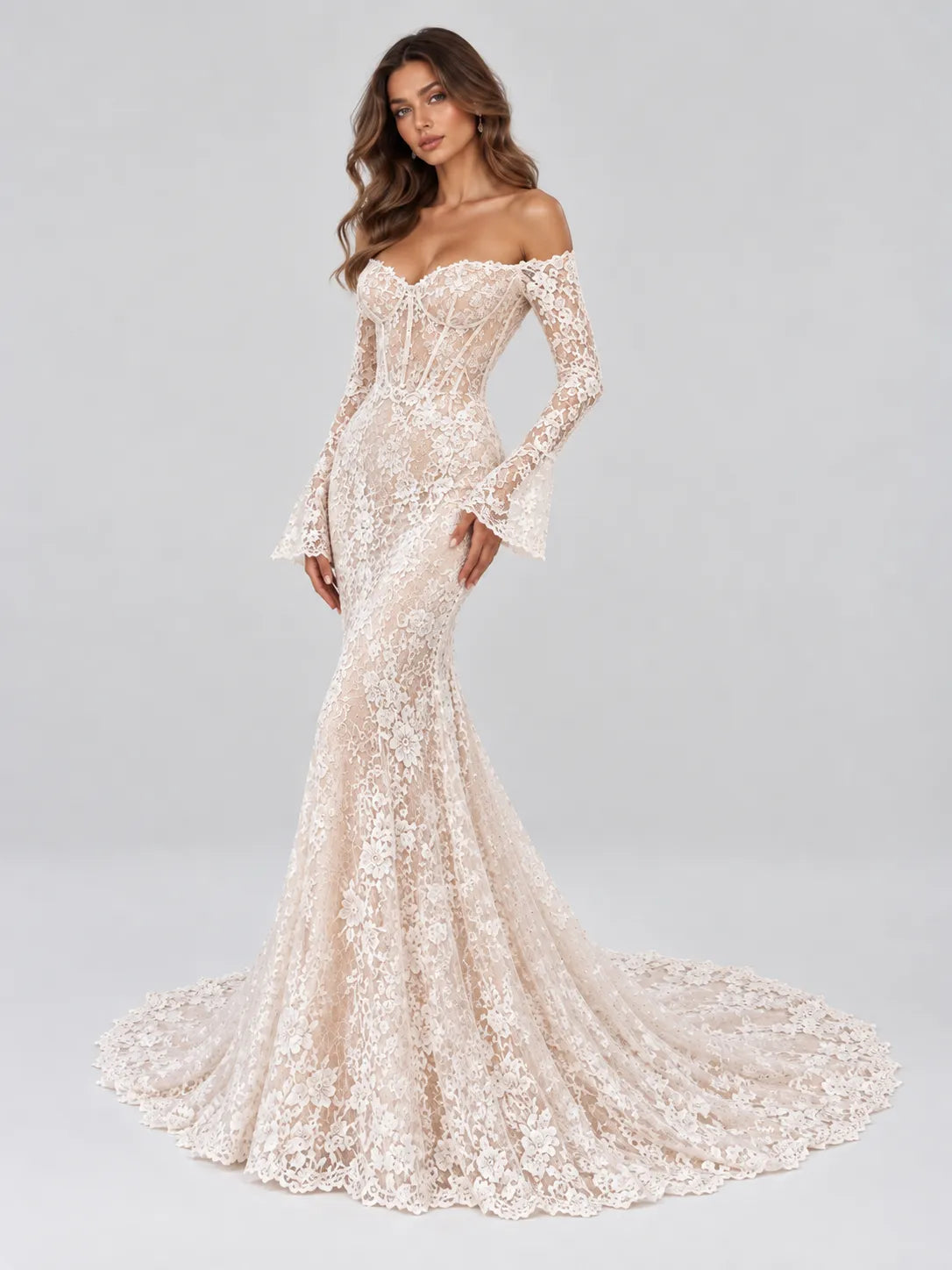 Off-the-Shoulder Long-Sleeve Lace Mermaid Wedding Dress