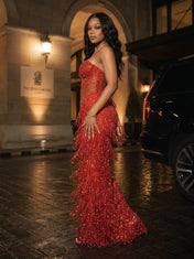 Strapless Fringe-Embellished Mermaid Prom Dress