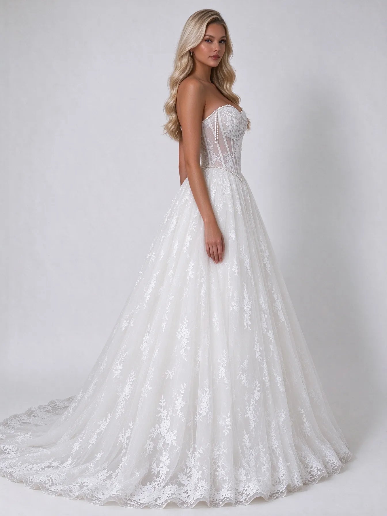 Strapless Lace Sheer-Corset A-Line Bridal Wedding Dress with Cathedral Train